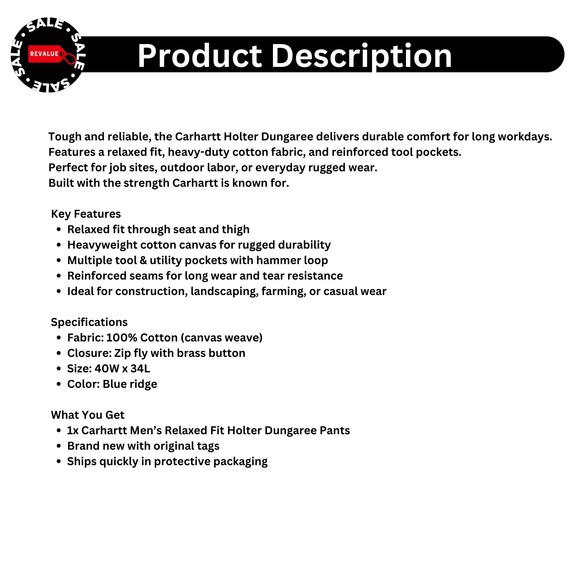 Carhartt Holter Dungaree –‎ Men's Relaxed Fit Canvas Work Pants – 40W x 34L - Picture 2 of 7